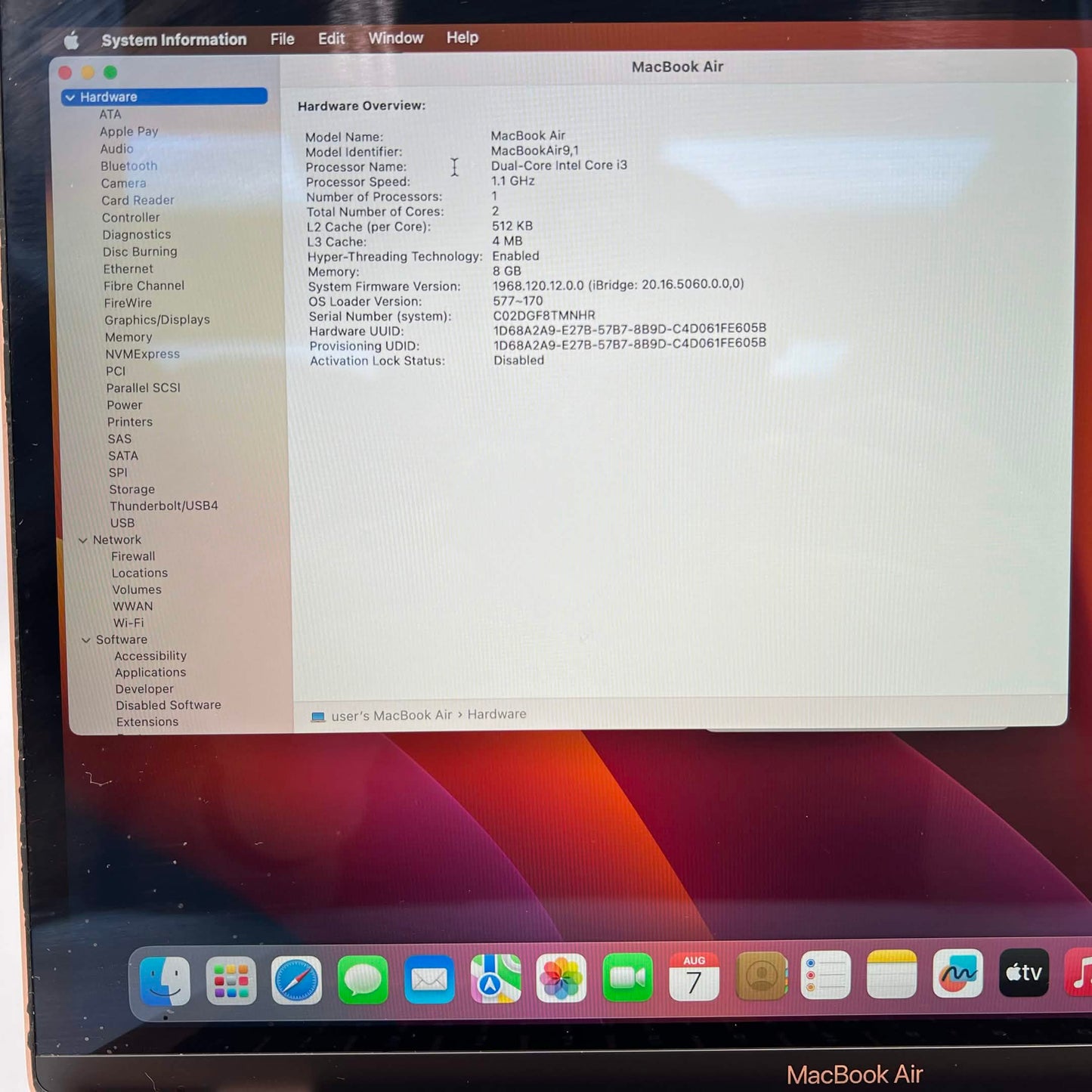 2020 Apple MacBook Air 13.3" i3 1.1GHz 8GB RAM 256GB SSD Rose Gold A2179