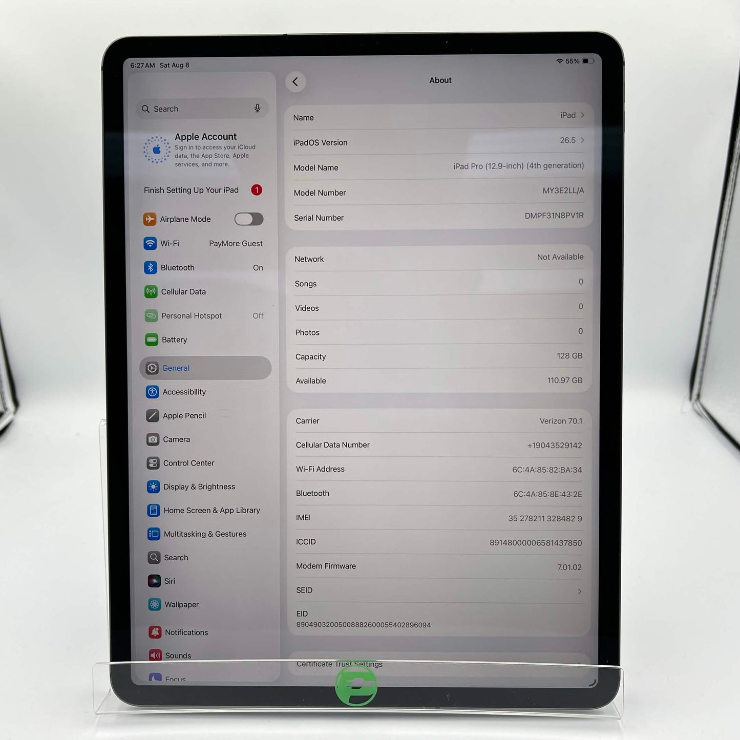WiFi Only Apple iPad Pro 12.9" 4th Gen 128GB Space Gray MY3E2LL/A