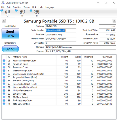 Samsung Portable T5 Portable 1TB USB-C to USB-A SSD MU-PA1T0B/AM